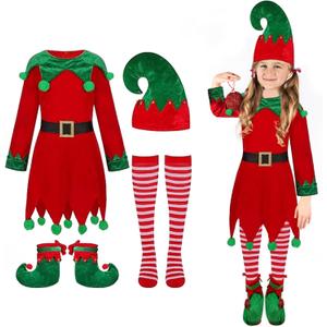 Kids Girls Christmas Elf Costume - Santa Helper Costume Xmas Holiday Elf Dress Outfit (6-7)