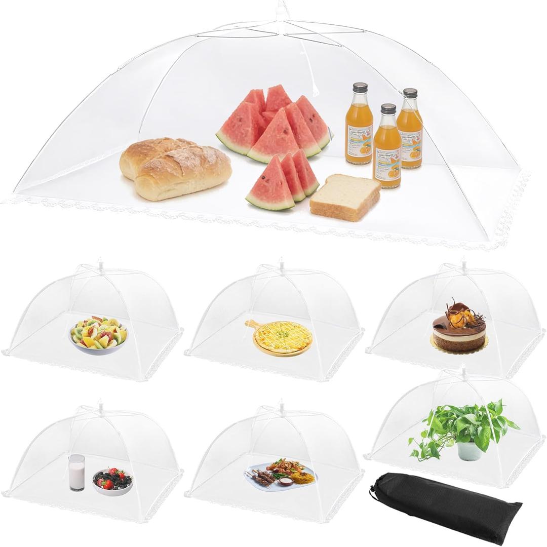 Mesh Food Covers for Outside - 1 Extra Large (40 x 24 in) & 6 Large (17 x 17 in) Food Tents, Collapsible and Reusable Food Covers for Outdoors Picnic, BBQ, Camping, Party Supplies (White)