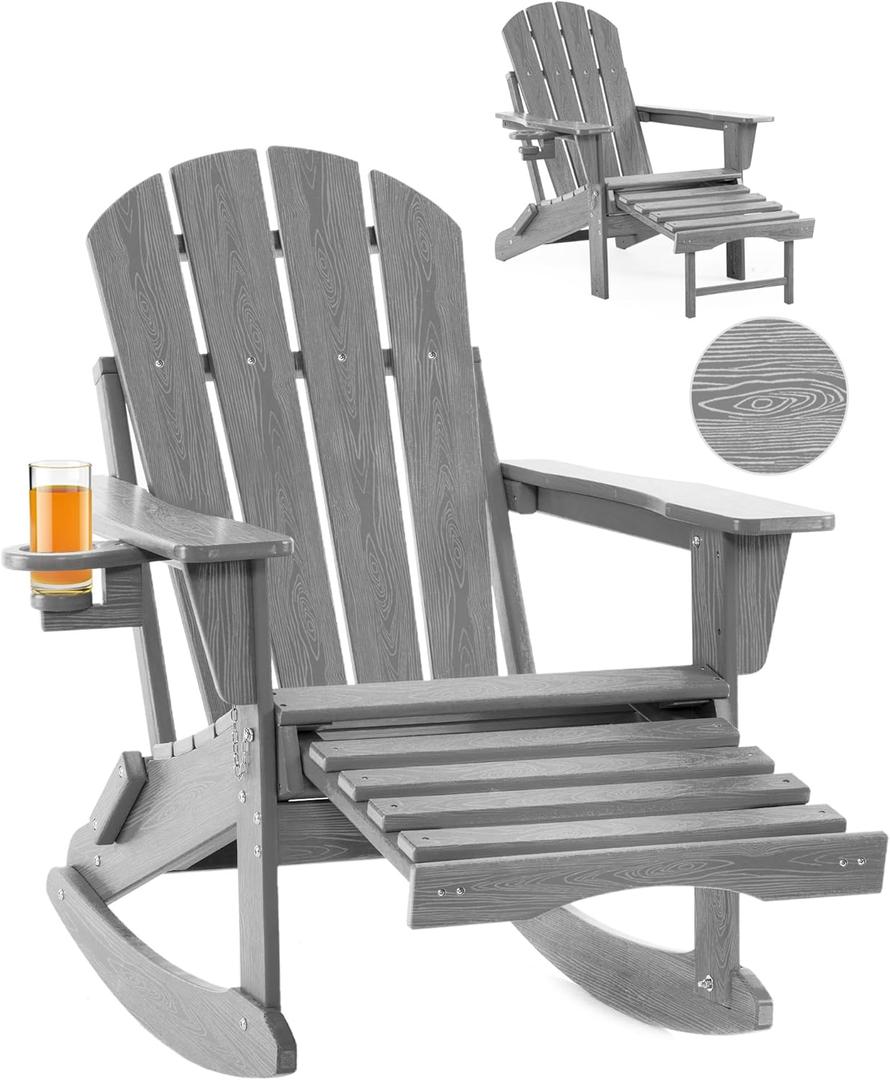 Folding Adirondack Rocking Chair,4-in-1 Multifunctional Patio Chair with Retractable Ottoman, Outdoor Chair Wood Texture, Lawn Chair for Porch, Backyard, Pool (Grey)