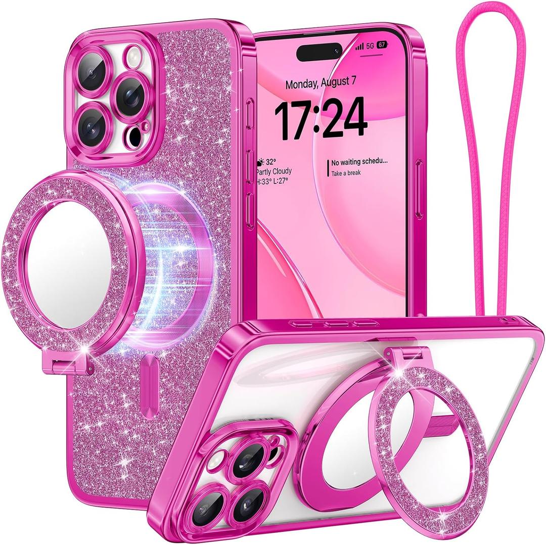 Meifigno Magnetic Case with Removable Phone Ring Stand for iPhone 16 Pro, [Glitter Card & Wrist Strap] [MagSafe Compatible] [Built in Mirror] Magnetic Phone Ring Holder + 16 Pro Case Kit, Hot Pink