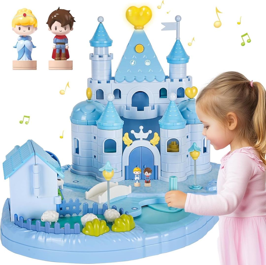 Dream Princess Play Set, 12.2*8.6*8.8 inches with 2 Magnetic Control Movable Toys, Magnetic Doll House Building Toys with Light Music, Toy Gift for Girls Kids Ages 6+Blue
