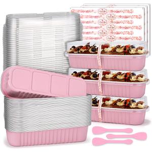100 Pack Mini Loaf Pans with Lids and Spoons 6.8oz Cake Pans for Baking Disposable Aluminum Foil Loaf Pans Muffin Pans with Sealing Sticker for Baking Party Picnics Holidays