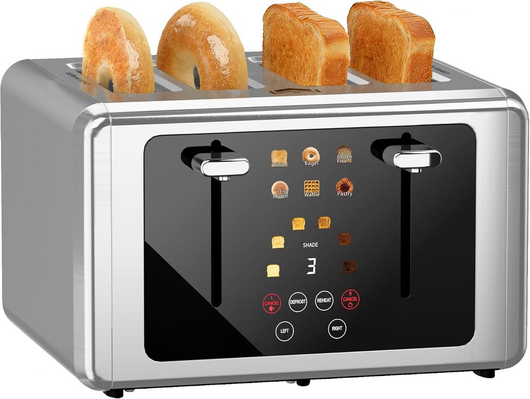 WUNLY Smart Digital 4 Slice Toaster with Touch Screen, 1.5'' Extra Wide Slots for Bagel, Digital Countdown & Sound Control, 6 Bread Types & 6 Shade Settings, Defrost/Reheat/Standby, Silver