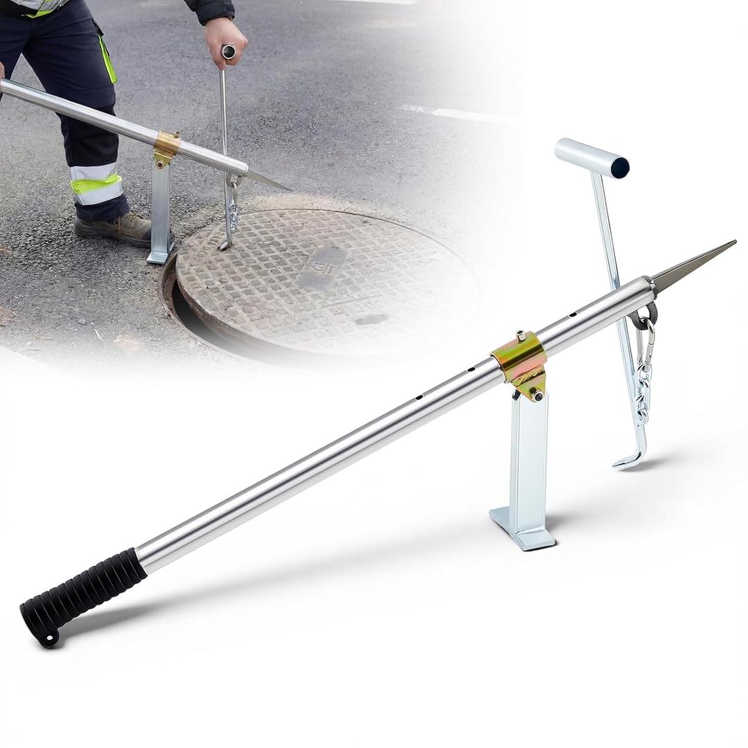 Wesiti 34.5 Inch Heavy Duty Manhole Cover Lifter Stainless Steel Manhole Hook Tool with Leverage Design for Sewer Covers, Drain Lids and Utility Maintenance Home Use Construction Sites Repairs