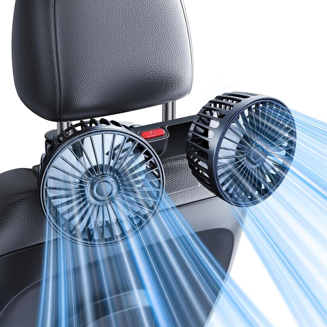 Dual-Head Rear Seat Car Fan, Powerful Airflow, 360 Rotation, Blows Both Left & Right, Adjustable Angle, Perfect for Pets, Front & Back Seats, USB & 12V/24V Powered