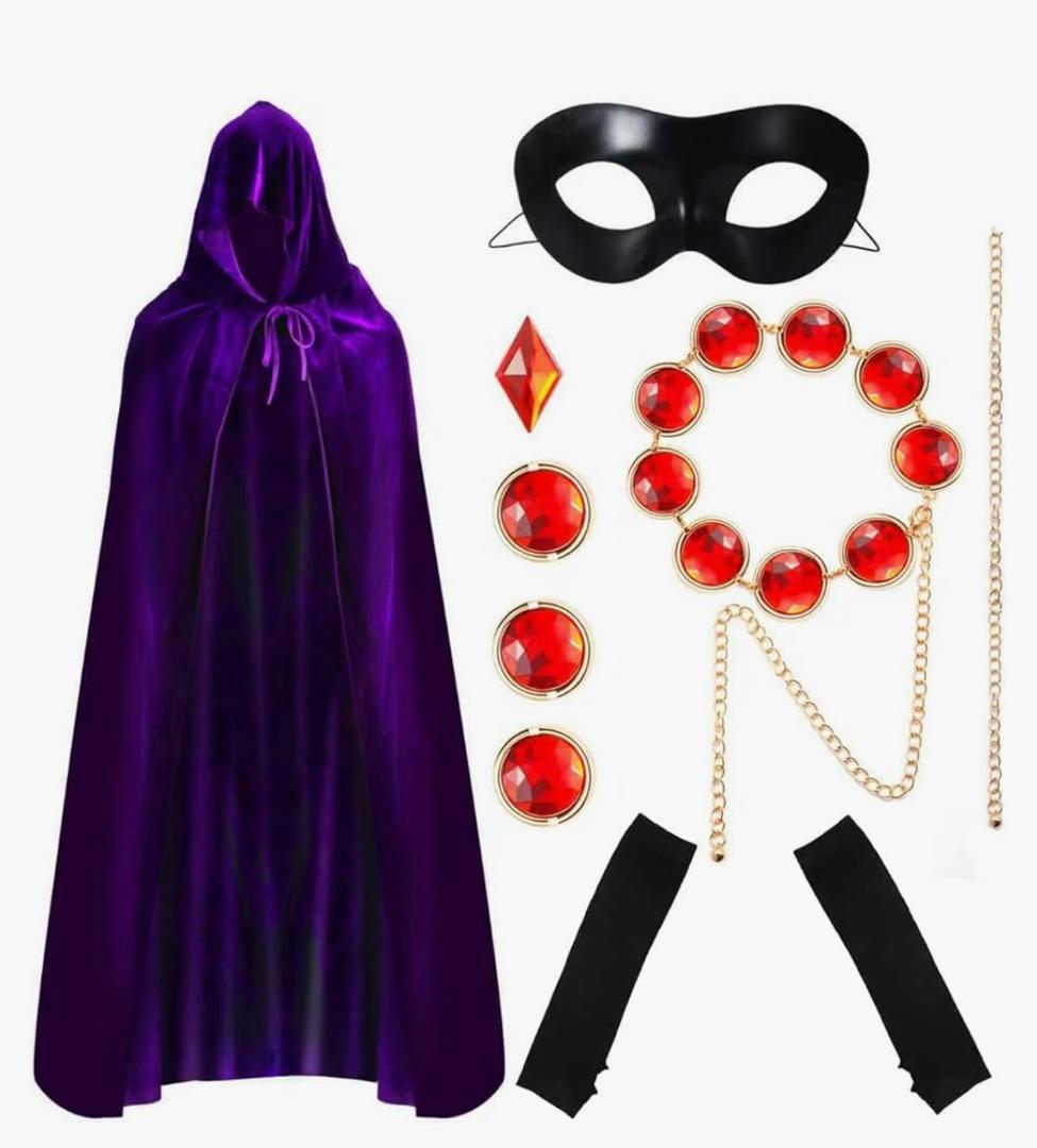 6Pcs Halloween Purple Cloak Cosplay Set For Women Hooded Cape Anime Cos Adjustable Red Gem Waist Gloves Eye Mask, Size 130
