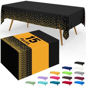 Smiry Disposable Table Cloth - 15 Pack, 54 x 108 Inch Waterproof Rectangle Tablecloths for Parties, Decorative Plastic Table Cover, Leakproof & Sturdy, Black & Gold