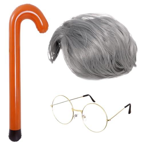 Xcgbxzd Old Man Accessories Including Old Grandpa Wig Cane Glasses for 100th Day of School