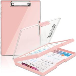 Clipboard with Storage,Heavy Duty Clip Boards 8.5x11 with 2 Storage Case,Clear Visible Top Panel Storage Clipboards,Side Opening Clip Boards,Nursing Clipboard Folder Case for Office Supplies-Pale Pink