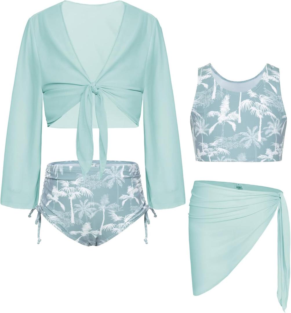 GRACE KARIN Girls Bathing Suit Adjustable Taniki Swimsuit Tie Front 4 Piece Bikini Set with Kimono Cover Up, 7-8 Years, Green Blue-coconut Tree