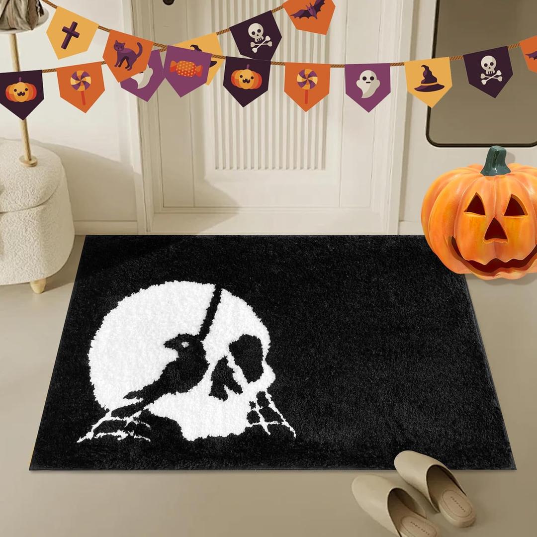 Halloween Bathroom Rugs Black White Bath Mats Skull Nightmare Before Christmas Home Decor Bath Rugs for Bathroom, Bedroom Washable Absorbent Carpet 20"x 32"