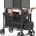 Wagon Stroller Outdoor for 2 Kids - Double Toddlers Stroller with Canopy & Removable Seat Pads, 2 Seater Push Pull Wagon One-Hand Fold, Shock-Absorbent Wheels & Safety Harness, Black