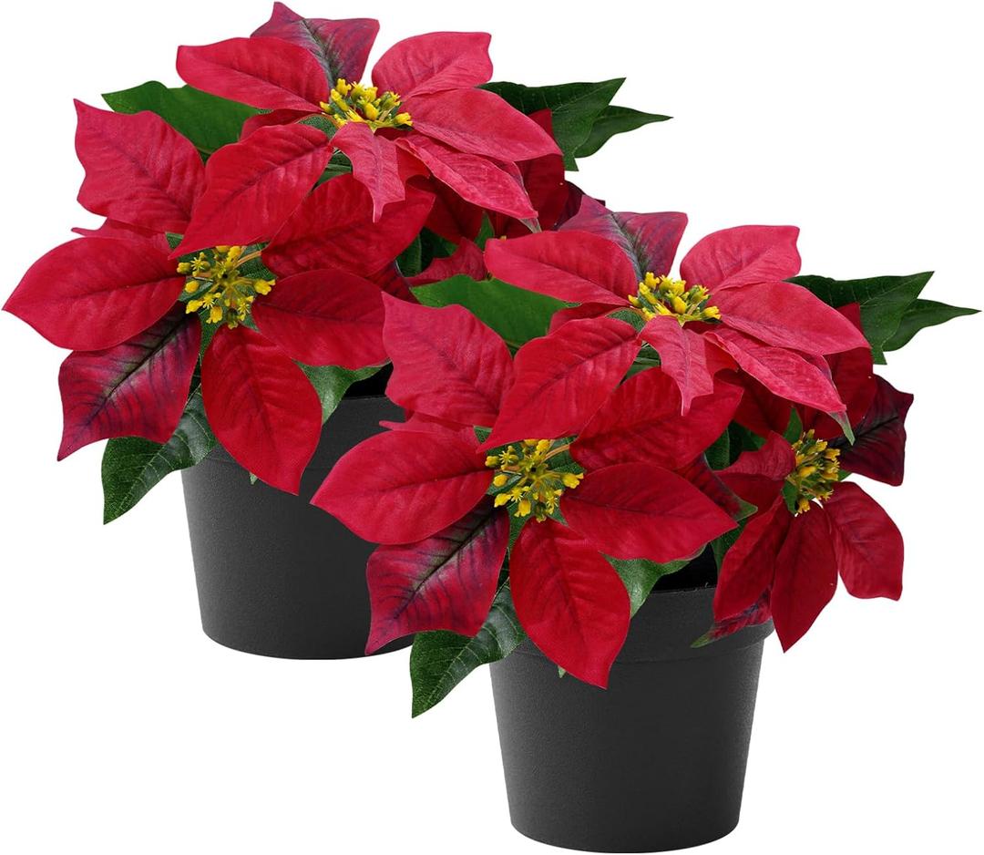 MELAJIA Poinsettias Artificial Christmas Flowers Tabletop Small Red Poinsettia Plant Artificial 9 Inch Faux Winter Flowers for Xmas Ornament Porch Home Garden Decorations(2 Pack)