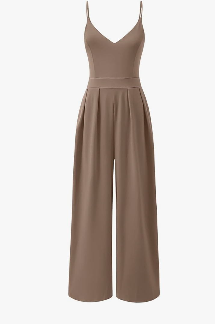 ANRABESS Women Jumpsuit V Neck Spaghetti Strap Wide Leg Jumper Romper 2025 Summer Dressy Casual One Piece Outfit with Pocket Coffee Medium