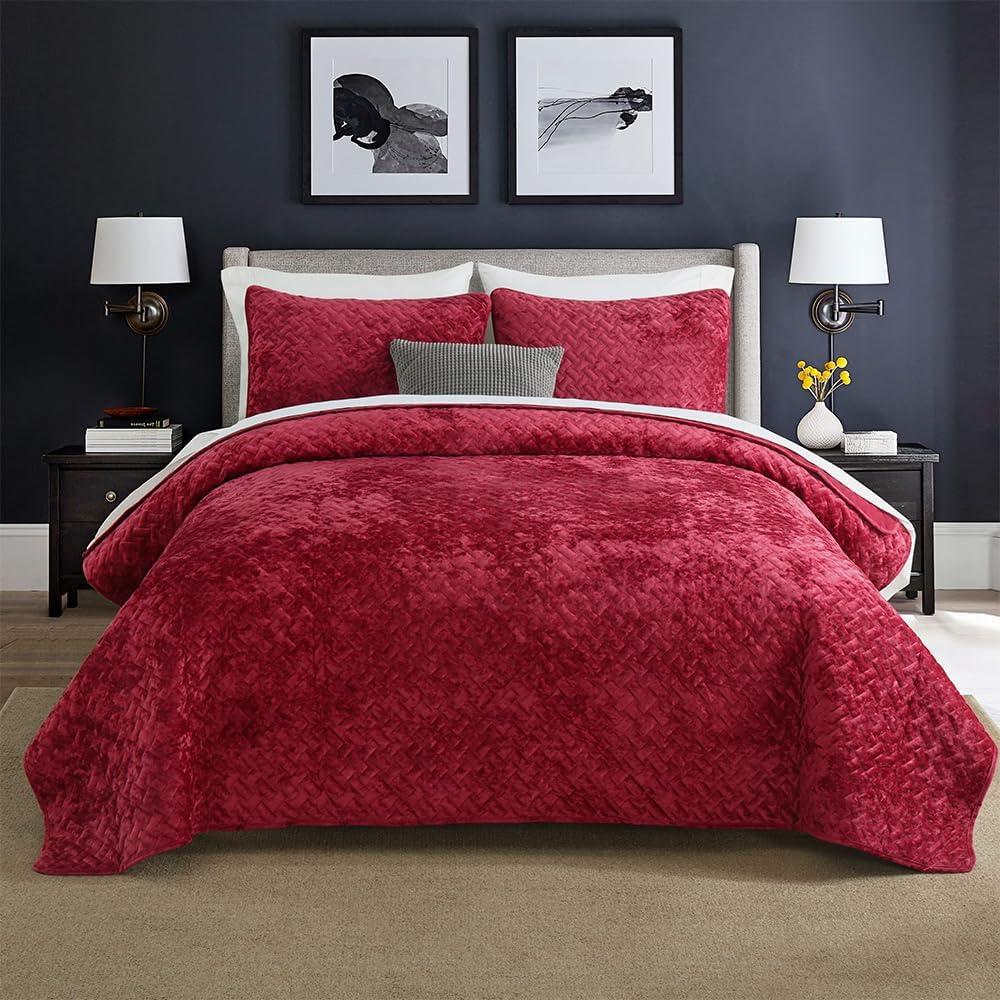 Velvet Bedspread Quilt Bedding Sets,Luxury Elegant Ultra Soft Velvet Comforters Coverlet Blankets,Weave Stitching Pattern Quilted Bedspread for All Seasons,Red,Queen Size (Queen (90 by98inch), Burgundy)