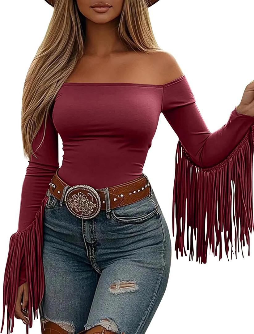 Fringe Tops for Women Western Cowgirl Off The Shoulder Fall Long Sleeve with Tassels Stretchy Crop Shirts Blouses (Large, 05-wine)