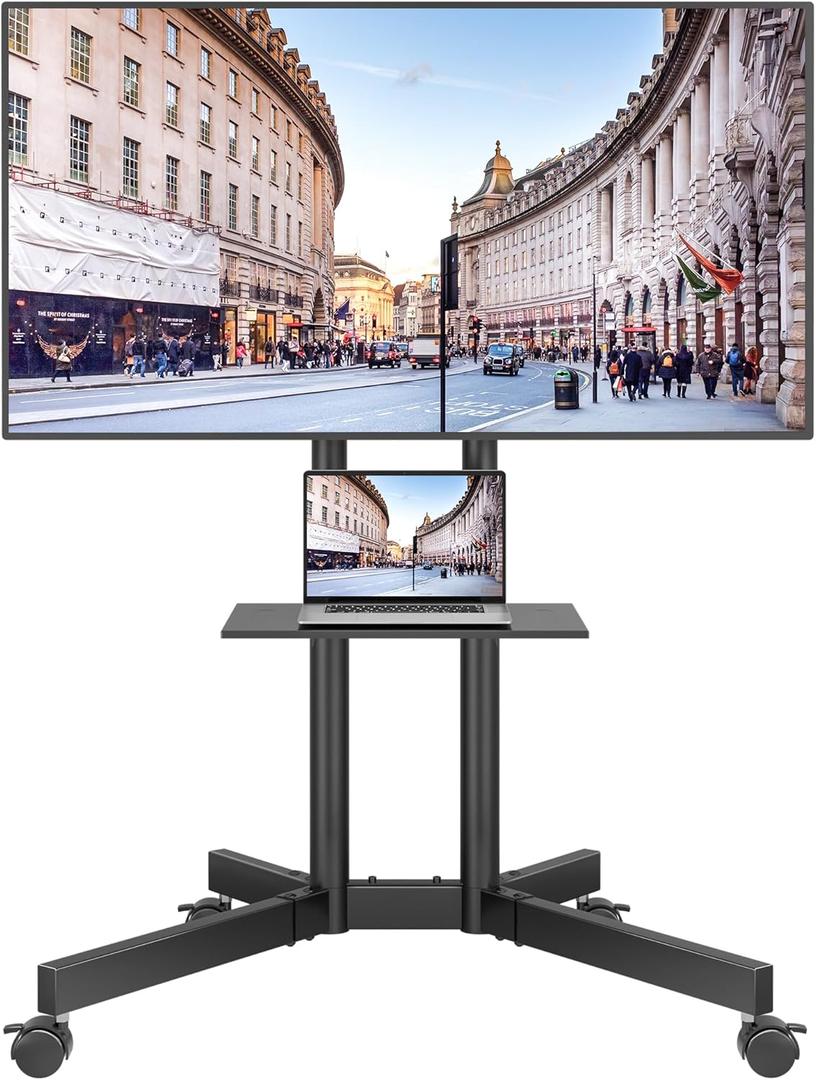 BONTEC Mobile TV Stand with Tilt Function, Rolling TV Cart for 3285 Inch LED LCD OLED Flat & Curved TVs, Portable Stand with Laptop Shelf, Locking Wheels, Max VESA 600x400mm, 132 lbs Capacity, Black (33.7x26.5x59.7 IN)