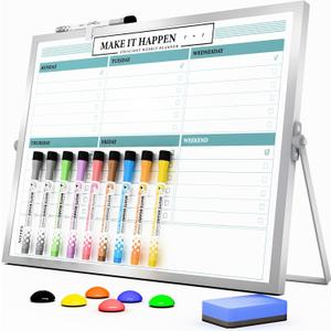 Marsrock Dry Erase White Board with Stand, Double-Sided Weekly Whiteboard 16"x12", 10 Markers, 6 Magnets, 1 Eraser, Portable Desktop Whiteboard for Planning, Weekly Schedule Board for Office