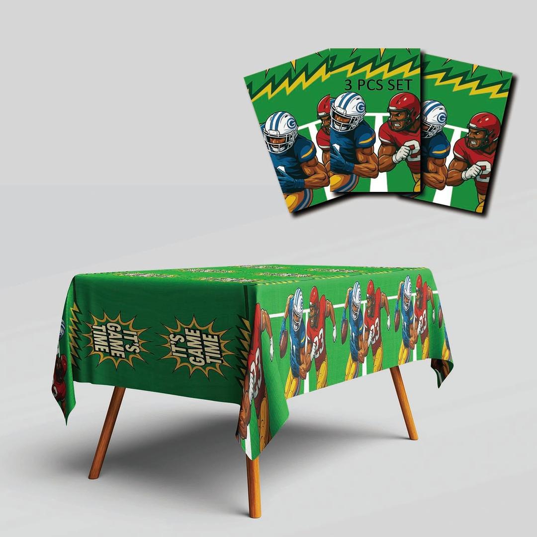 2 x Football Party Tablecloth  3 Pack 108" x 54" Plastic Table Covers, Comic Style Design with Its Game Time & Players  Disposable Table Cloths for Football Birthday, Tailgate, Game Day Decorations