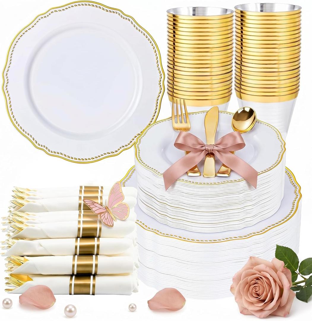 Hioasis 350pcs White and Gold Plastic Plates - Gold Plastic Dinnerware Set Includes 50 Dinner Plates, 50 Dessert Dinnerware, 50 Cups, 50 Rolled Napkin Cutlery Perfect for Wedding & Party