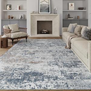 Blue Grey Area Rug 6x9 Abstract Living Room Kitchen Large Washable Carpet Neutral Modern Non Slip Indoor Accent Low Pile Distressed Throw Rug Dining Room Office Bedroom