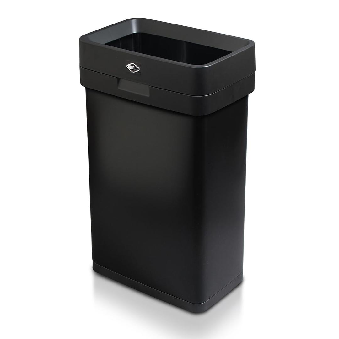 CLOROX 13 Gallon Trash Can - 50L Slim Open Top Garbage Bin for Commercial Spaces, Kitchen, Office - Narrow Rectangular Black Stainless Steel Body with Hinged Rim Protection