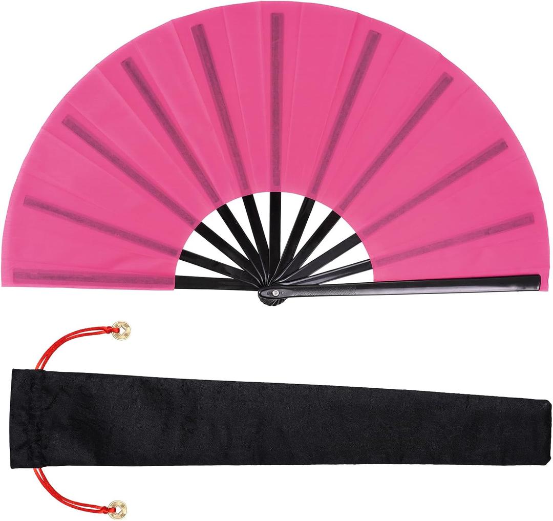 Nydotd 1 Packs Large Rave Fan Handheld Folding Fans Nylon Cloth Foldable with Holder Sleeve for Men and Women Performance Line Dance Chinese Kung Fu Tai Chi Decorations Party Gift (Roes Red, Large)
