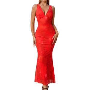 GLNEGE Women's Summer Floral Bodycon Maxi Dress Sexy Backless V Neck Wedding Guest Dresses 2025 Tangerine (Red, XS)