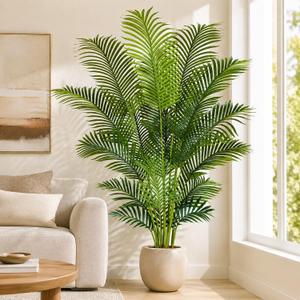 Artificial Palm Tree 6ft Tall Fake Palm Tree Indoor Decor with 18 Leaves and Real Bark Design Faux Tropical Areca Palm Silk Floor Plant in Pot for Home Office Living Room Bedroom Decor 1pcs