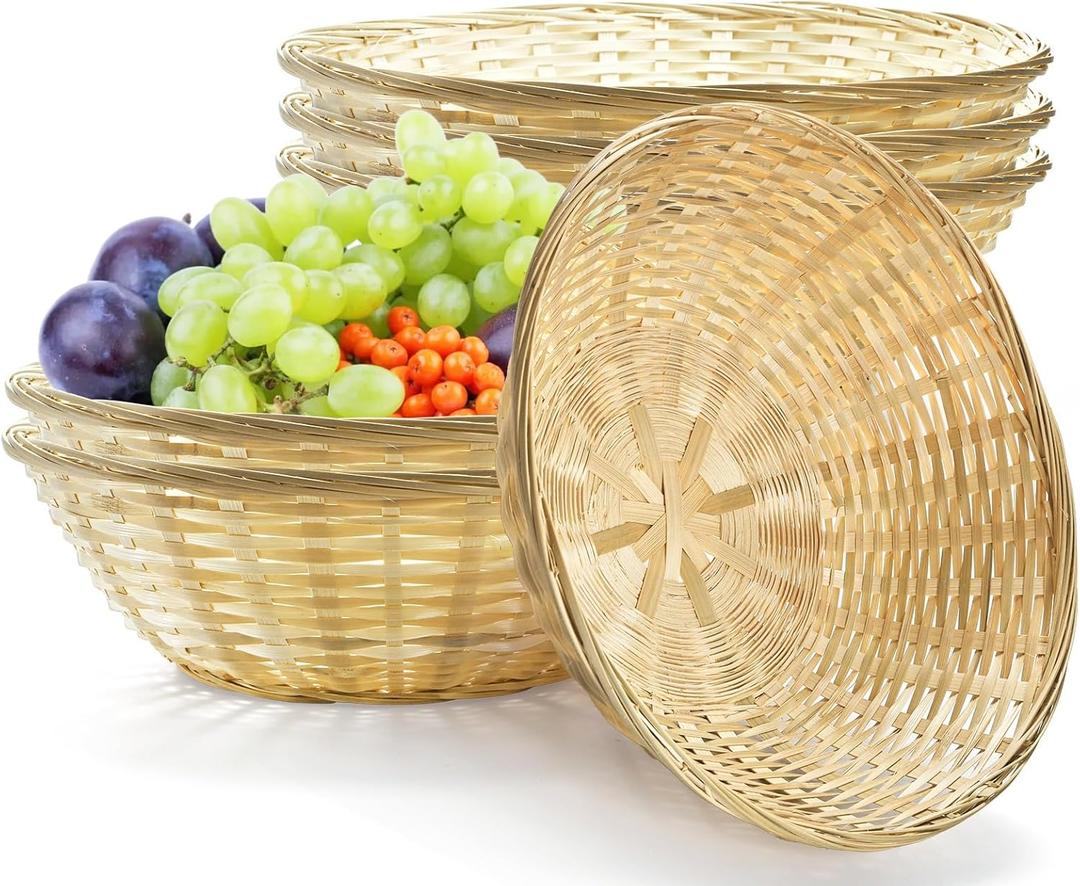 6 Pack Bamboo Bread Basket, 12 Inch Large Round Gift Baskets, Natural Bamboo Woven Wicker Berry Fruit Basket Food Storage Bin for Picnic Kitchen Restaurant