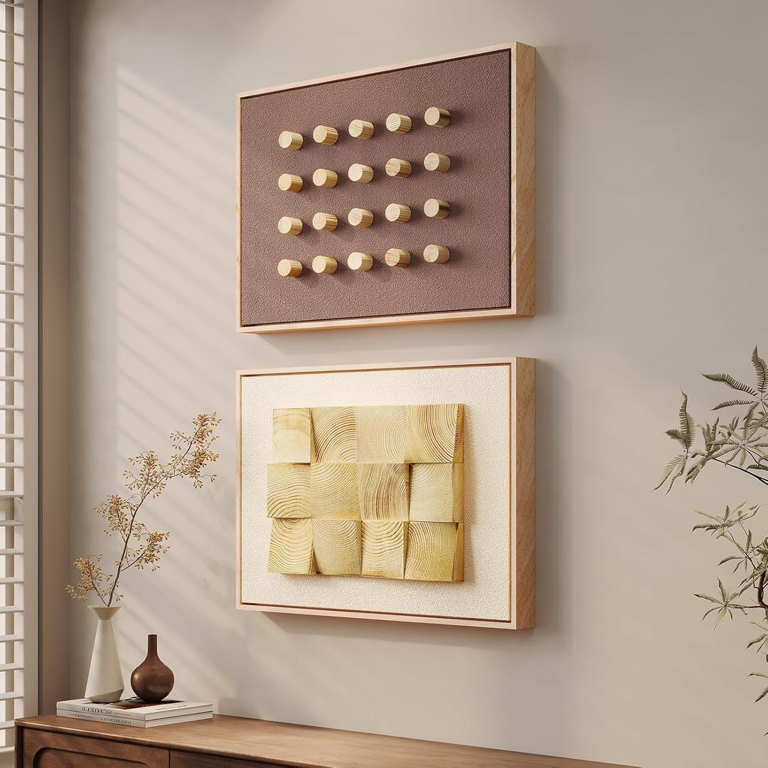 Framed 3D Natural Wood Wall Art Set of 2, Modern Minimalist Wooden Blocks Textured Geometric Artwork for Walls, Contemporary Neutral Beige Brown Paintings for Living Room Bedroom Dining Room Hallway Office Wall Decor, 24x18 Inch