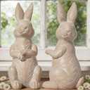 DN DECONATION Easter Decorations Bunny Figurines Set of 2 - Rabbit Statues Farmhouse Spring Home Decor, Light Brown Resin Easter Tabletop Rustic Decor for Shelf, Mantel, Coffee Table (Beige and White)