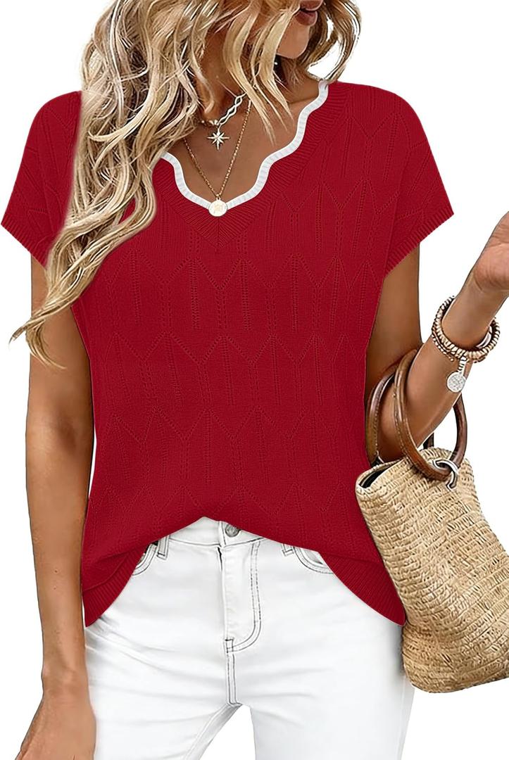 WIHOLL Womens Summer Tops Cap Sleeve Sweater V Neck Shirts Beach Vacation Clothes Business Casual Fashion Clothing (Red, S)
