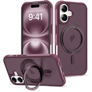 for iPhone 16 Case with 360 Rotatable Magnetic Ring Stand [Compatible Mag-Safe] [Military Grade Protection] Translucent Matte Phone Cases for Women Men 6.1'', Wine Red
