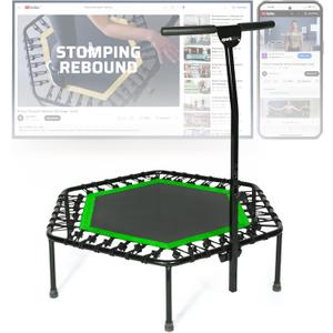 SportPlus+ Indoor Trampoline, Blue/Green/Red, Rebounder Home Fitness Trampoline with Height Adjustable Bar