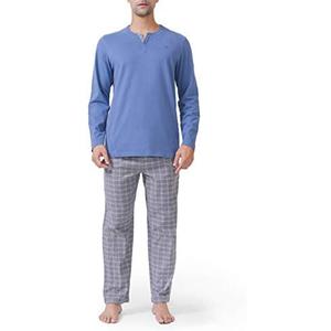 DAVID ARCHY Men's Cotton Pajamas Henley Collar Sleepwear Soft Classic Button-Down Woven Long Sleeve Set (S, Moonlight Blue-Heather Gray Grid)