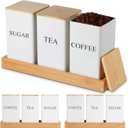 3 Pack Coffee Tea Sugar Container with Tray Airtight Metal Canister with Bamboo Lid Tray for Kitchen Counter Dining Room Farm House Kitchen Style Drink Station Organizer Set(White)