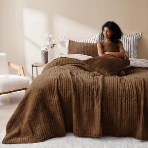Wonderful Velvet Quilt Set, King Cocoa Brown Soft Fluff Texture Coverlet with Shams, Channel Stitched Pattern, All-Season Use, Versatile Lightweight Bedspread for Bedroom Adults Teens Kids,106"x94"