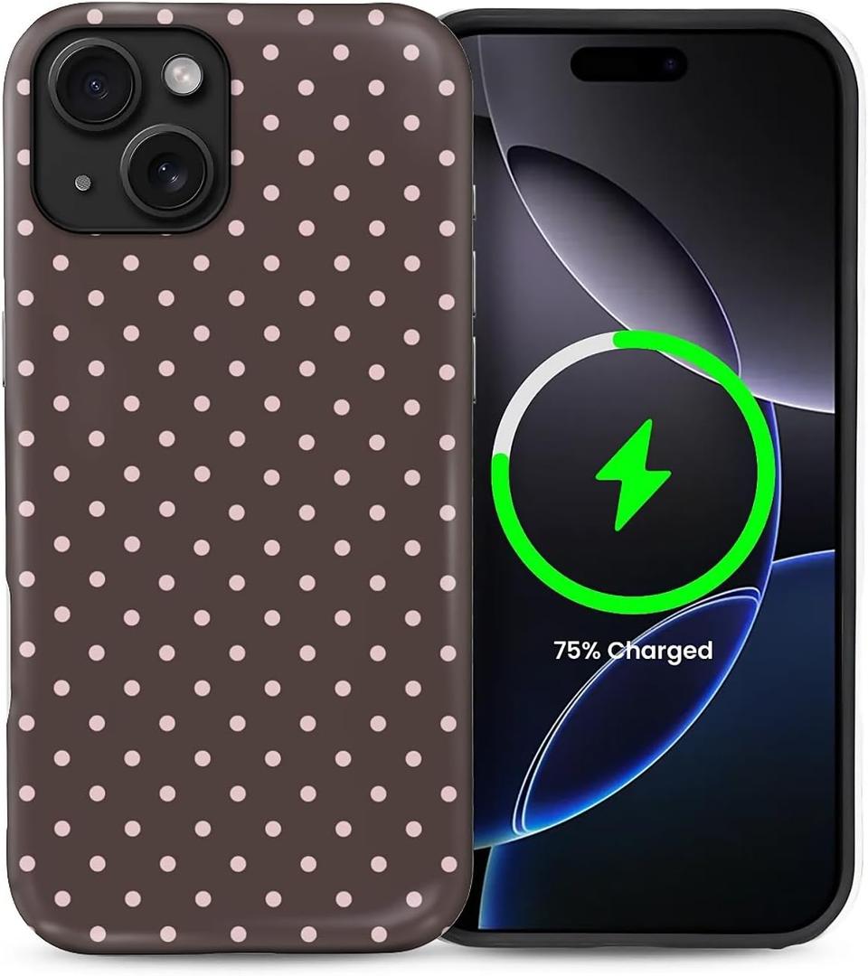 for iPhone 14/13 Case for Women Girl Men Boy, Compatible with MagSafe, Shockproof Soft Silicone & Hard PC Shell Protective Case for iPhone 14/13 - Brown & Pink Polka Dot Cute