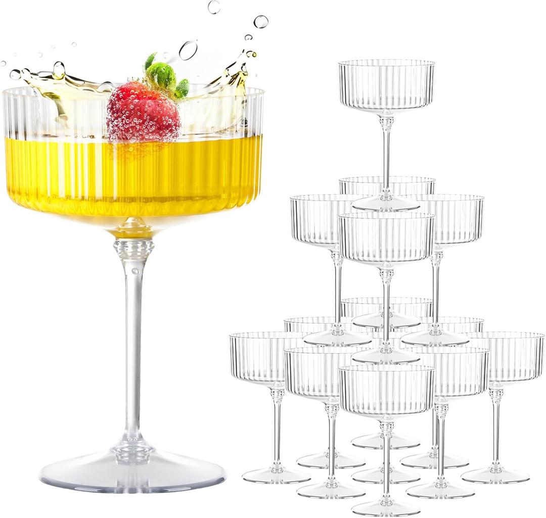 LIYH 20pcs Champagne Glasses 10 Oz Cocktail Coupe Glasses Champagne Flutes Plastic Coupe Cups Disposable Martini Cups Perfect for Bar Cocktails Martinis Parties (Clear Vertical Stripe Pattern)