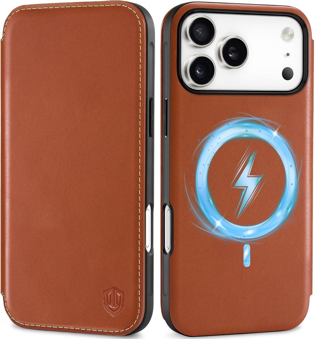 SHIELDON Slim Real Leather Case Wallet for iPhone 17 Pro Max 6.9 Inch 5G 2025 | Wireless Charging | RFID Blocking Card Holder | Folio Magnetic Closure | Shockproof Cover | Retro Brown