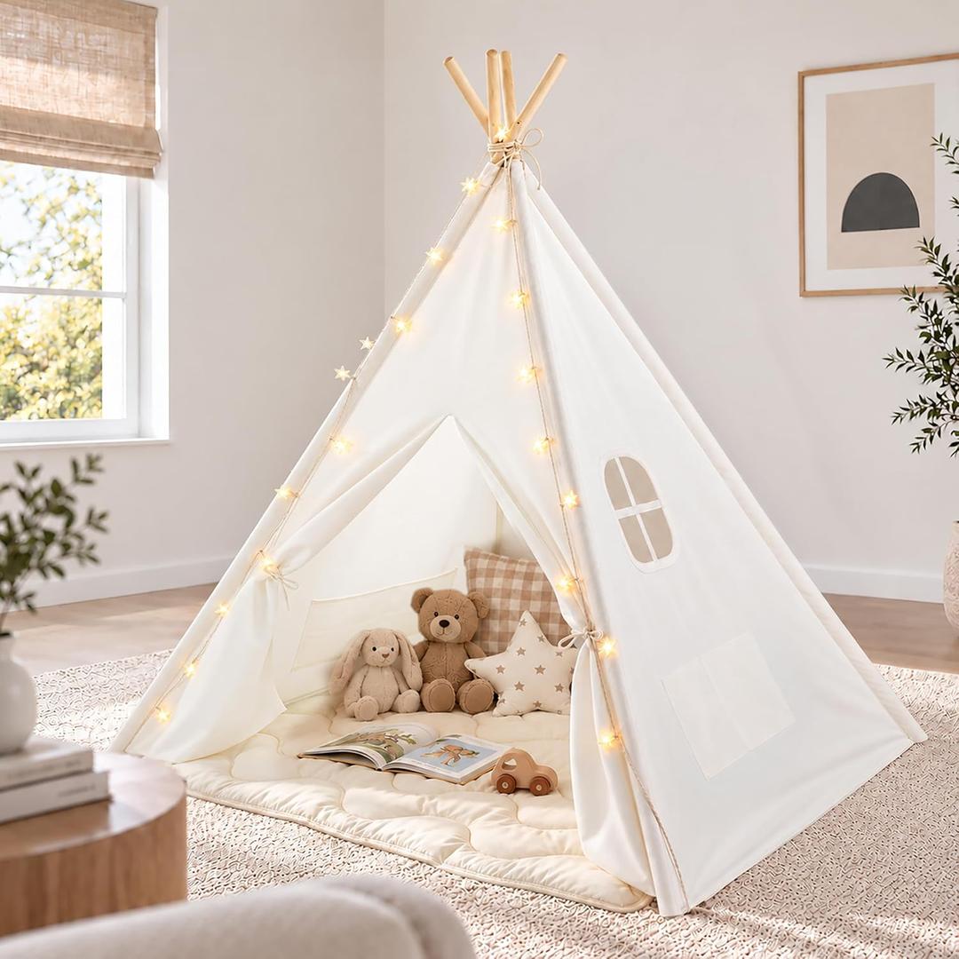 Tiny Land 100% Cotton Canvas Teepee Tent for Kids with Mat & Star Lights 47" × 47" × 60", Soft & Breathable Cotton Canvas, Mat & Star Lights, Indoor Play, Carry Bag, Gift for Girls & Boys Ages 3+