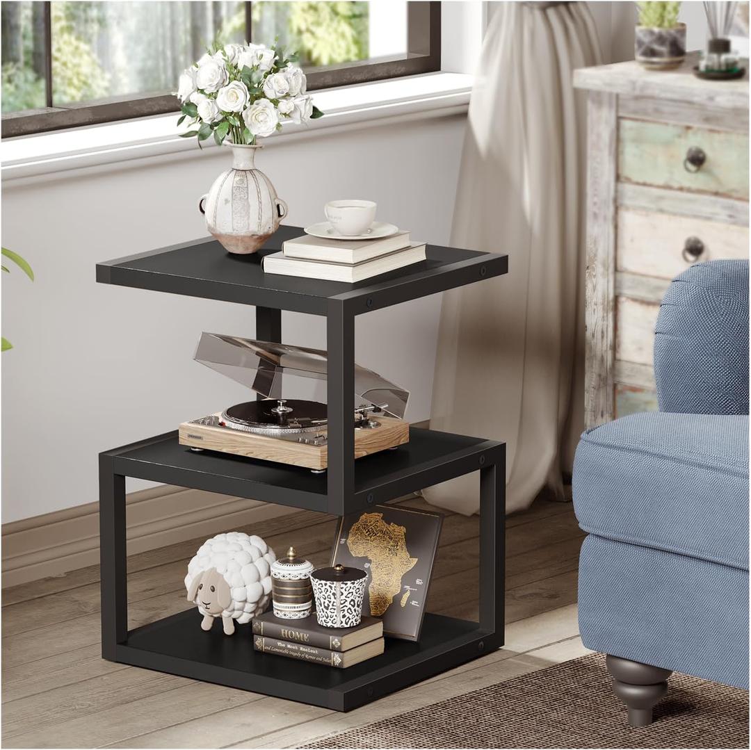 Side Table with 3-Tier Storage, S-Shape Bedside End Table for Small Spaces, 21.6'' Small Nightstand for Living Room, Bedroom, Easy Assembly, Black (15.7"Lx11.8"Wx21.6"H)