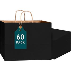 Bakepacker 60-Pack Wide Large Size Paper Bags With Handles Bulk 12.6"x4.3"x10" Black Party Kraft Shopping Bags