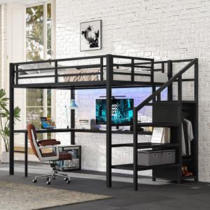 Loft Bed with L-Shaped Desk and USB, Metal Bed with Wardrobe and Adjustable Shelf, High Bed Frame with LED for Bedroom (Black, Full)