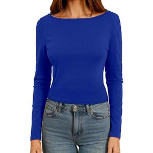 Dwnval Womens Cute Boat Neck Long Sleeve Crop Tops Soft Ribbed Knited Cropped Tees (Blue)