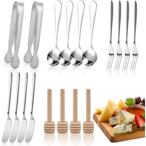 Charcuterie Boards Accessories, Silver Stainless Steel Charcuterie Utensils Set, Including Cheese Butter Spreader, Mini Serving Tongs, Knives, Spoons, Forks, Honey Dippers and Toothpick Flags