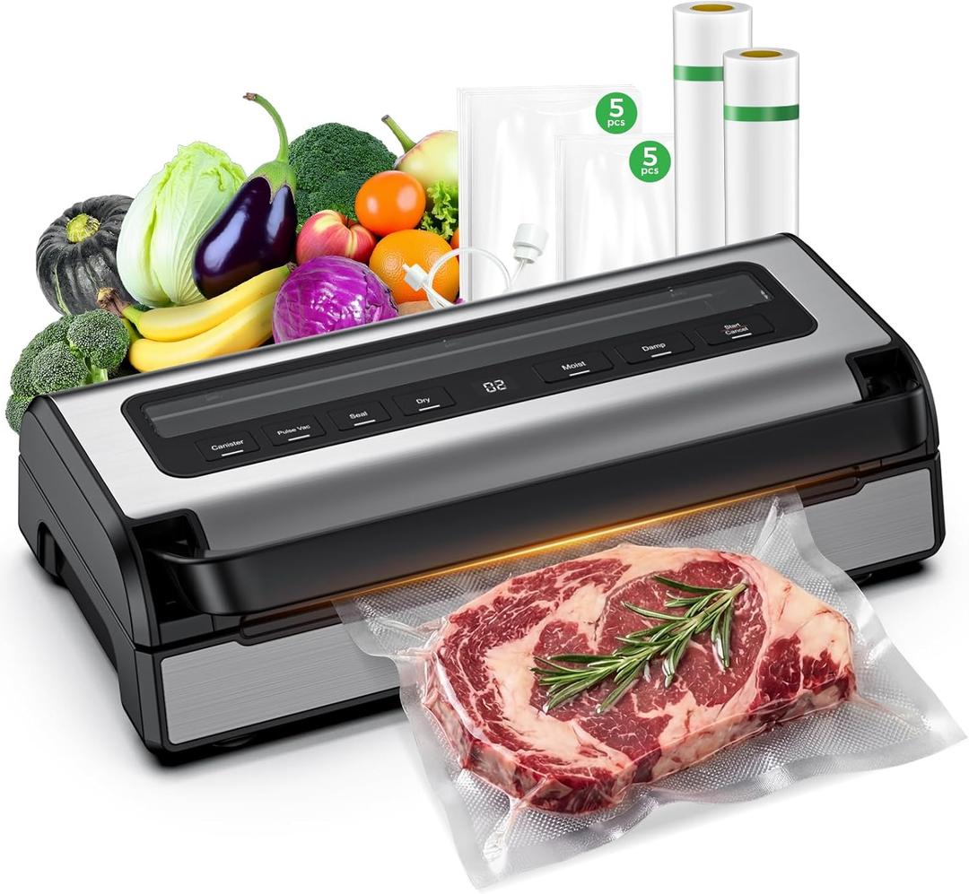 Vacuum Sealer for Food, Complete Starter Kit Includes 2 Rolls & 10 Bags, All-in-One Automatic Food Sealer machine with Built-in Cutter & Bag Storage, Powerful Motor for Dry/Moist/Canister Sealing