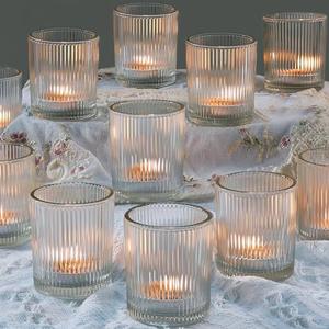 Pack of 24 Votive Candle Holders for Wedding Decor, Clear Glass DIY Wax Filling Romance Tealight Candle Holders, Vintage Stripe Tea Lights Candle Holder for Table Centerpieces（Clear,24）