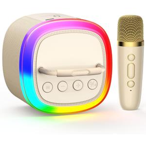 Kids Karaoke Machine, Mini Bluetooth Speaker with Microphone for Singing Home Party, Christmas Halloween Kids Birthday Easter Gifts Toys for Girls Boys 3-12+ Years Old (Beige 1 Mic)
